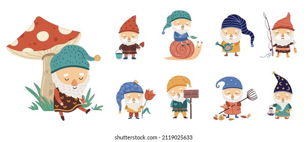 Gnome characters. Dwarf and mushroom, gnomes cute set. Spring tiny men with beards. Garden fairy tale people with flower and fish, neoteric vector collection