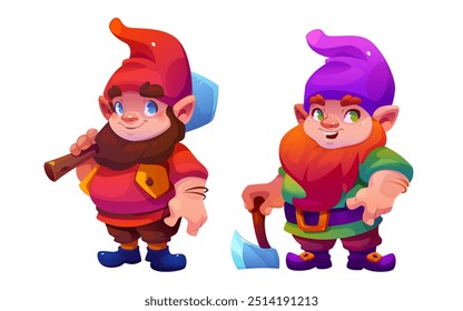 Caracteres do Gnome definidos isolados no plano de fundo branco. Ilustração de desenhos animados vetoriais de elfos masculinos com barba vestindo chapéus coloridos, pá e machado nas mãos, anões de conto de fadas bonito no trabalho no jardim ou no meu