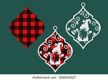 Gnome with a Christmas bell on a Christmas tree toy with a red and black plaid background. Volumetric Christmas decoration