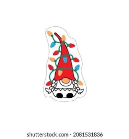 Gnome with christmas lights sticker. Scandinavian Nordic Gnomes dress christmas red hat. The Gnome Family member stickers collection. Funny vector illustration.