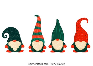 Gnome. Christmas Scandinavian small gnomes in a New Year's santa hat. Set of flat cartoon hand drawn characters. Stock vector illustration isolated on white background.