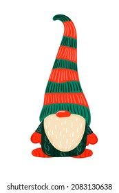 Gnome. Christmas Scandinavian small gnome in a New Year's santa hat. Cartoon hand drawn character. Stock vector illustration isolated on white background.