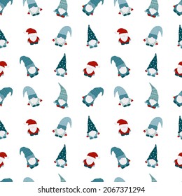 Gnome  christmas seamless pttern. Christmas Scandinavian small gnomes in a New Year's santa hat. Set of flat cartoon hand drawn characters. Stock vector illustration isolated on white background.