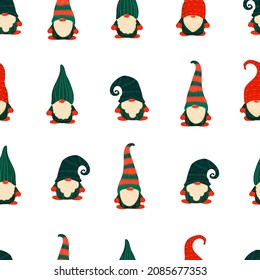 Gnome christmas seamless pttern. Christmas Scandinavian small gnomes in a New Year santa hat. Pattern of flat cartoon hand drawn characters. Stock vector illustration isolated on white background.