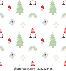 Gnome, Christmas tree, rainbow, gift, star, and mushroom  vector illustration. Seamless pattern.