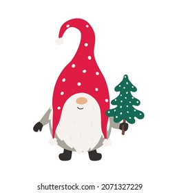 Gnome with a Christmas tree. Vector illustration isolated.