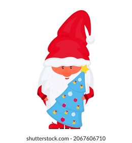 Gnome with Christmas tree. Vector for New Year holidays