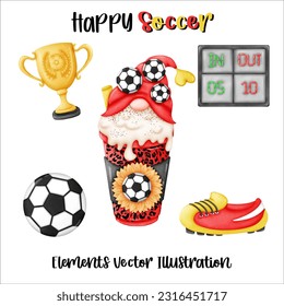 Gnome Coffee Soccer Ball Element Watercolor Vector File ,Clipart cartoon vintage-Retro style For banner, poster, card, t shirt, sticker