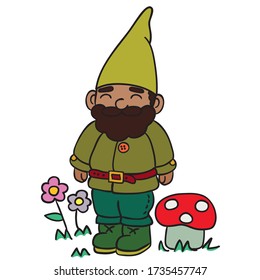 Gnome colored freehand drawing, Garden dwarf sketch with flowers and mushroom illustration, coloring page image