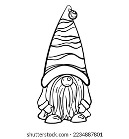 Gnome coloring page outline illustration. Hand drawn holiday or garden decoration gnome character for design. Cartoon one line art graphic. 
