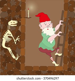 gnome comes down the stairs into the cave, the skeleton was bricked up in the wall, eps10