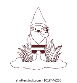 gnome coming out of the bushes with smoking pipe in brown dotted silhouette