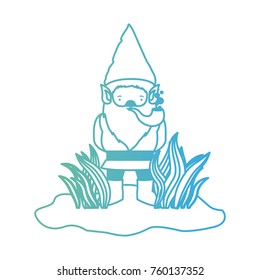 gnome coming out of the bushes with smoking pipe in degraded green to blue color contour