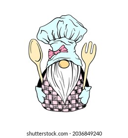 Gnome cook chef or dwarf chief in kitchen hat with cooking fork and spoon, vector cartoon character. Dwarf gnome or elf in cook cap and chief apron holding kitchen cutlery, restaurant and cafe design