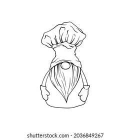 Gnome cook chef or dwarf chief in kitchen hat with cooking fork and spoon, vector cartoon character. Dwarf gnome or elf in cook cap and chief apron holding kitchen cutlery, restaurant and cafe design