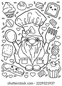 Gnome cook. Coloring book for children. Gnome coloring book. Black and white vector illustration.