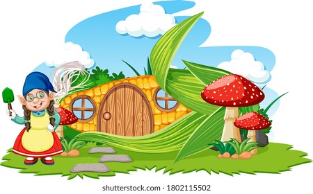 Gnome and corn house with mushroom cartoon style on sky background illustration