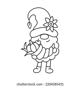 Gnome with cornucopia. Thanksgiving day character. Doodle style. Outline vector illustration. Ideal for coloring books, stamps, greeting cards and others. 