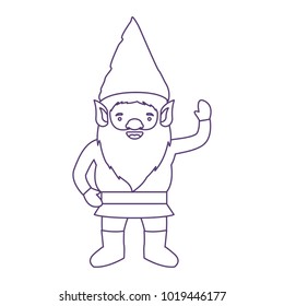 gnome with costume and gesture of greeting in purple contour over white background