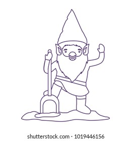 gnome with costume and shovel in purple contour over white background