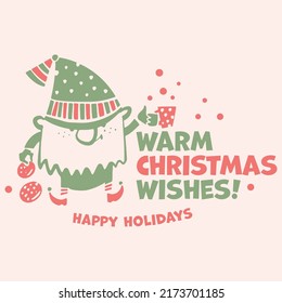 Gnome with cosy Xmas mug of coffee. Christmas and new year little vector gnome design for print, sublimation, cutting file. Winter holiday cartoon for card, header, post, social