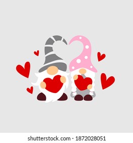 Gnome Couple Holding Hearts Vector Illustration on Grey