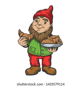 Gnome with croissant color sketch engraving vector illustration. Wroclaw symbol mascot. Scratch board style imitation. Black and white hand drawn image.