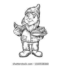 Gnome with croissant engraving vector illustration. Wroclaw symbol mascot. Scratch board style imitation. Black and white hand drawn image.