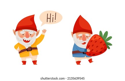 Gnome daily routine activities set. Cute scandinavian gnomes in red caps waving hand in greeting and holding strawberry cartoon vector illustration