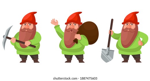 Gnome in different poses. Fairy tale character in cartoon style.
