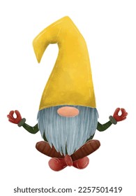 Der Gnome macht Yoga. Zwerg in der Lotusposition. Skandinavischer Gnadenvektor