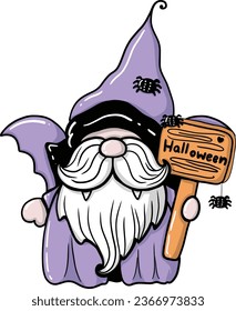 Gnome Dracula holding a Halloween sign