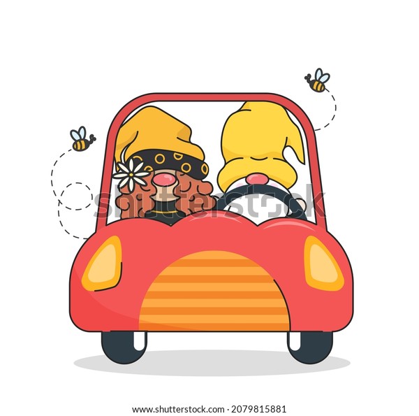 Gnome driving picture. Cartoon characters\
sitting behind wheel of car. Travel concept, car enthusiasts. Image\
for printing on childrens tshirts, banner, poster. Cartoon flat\
vector illustration