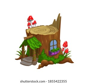 Gnome o casa enana en vectores de dibujos animados de troncos de árboles viejos. Criatura folclórica o de cuento de hadas, casa diminuta de encaje forestal con hojas en baldaquino sobre porche de madera, puertas y ventana, moos y hongos agrios de mosca