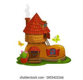 Gnome, dwarf or pixie fairytale house in shape of boot cartoon vector. Magical creature home in shoe with smoking chimney on tiled roof, cactus in flowerpot, wooden porch and flying butterflies