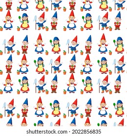 Gnome or dwarf seamless pattern with garden elements illustration