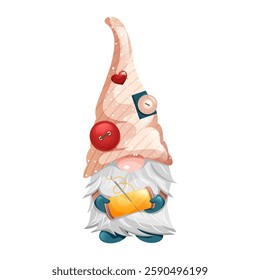 Gnome dwarf tailor with puffy beard in cap holding skein of thread for sewing. Vector illustration cartoon style.   