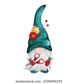 Gnome dwarf tailor wearing high hat with scissors surrounded by sewing supplies. Vector illustration cartoon style.  