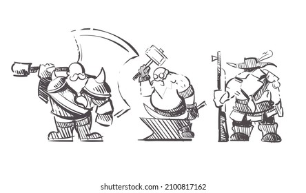 Gnome and dwarfs: blacksmith, gunslinger and warrior sketch hand drawn.