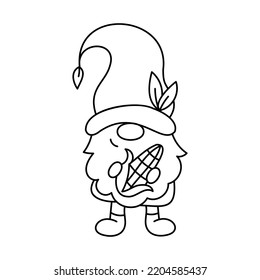 Gnome with an ear of corn. Thanksgiving day character. Doodle style. Outline vector illustration. Ideal for coloring books, stamps, greeting cards and others. 