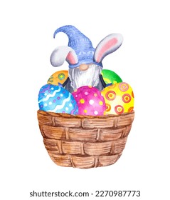 Gnome with Easter bunny ears in basket with colored decorated eggs. Watercolor vector design for holiday egg hunt