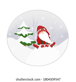 Gnome elf cartoon character in winter forest snowy landscape. Xmas tree snowflakes. New Year Christmas card template design element. Scandinavian Nordic motives. Vector design illustration.