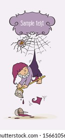 Gnome entangled in the web. Can be used for cards, invitations, illustrations. Vector Graphics 