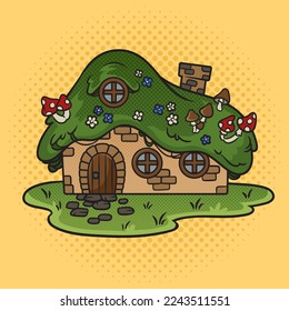 gnome fairy forest hut house pinup pop art retro vector illustration. Comic book style imitation.