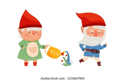Gnome family daily routine activities. Cute scandinavian gnomes in red caps watering flowers and running cartoon vector illustration