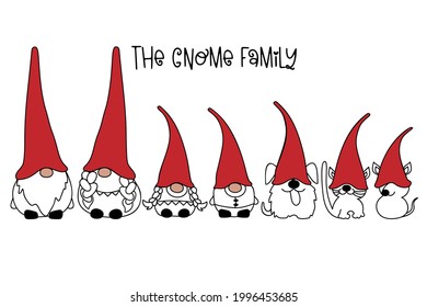 The Gnome Family On White Background. Scandinavian Nordic Gnomes With Red Hat. Cute Christmas Gnomes Family. Funny Vector For Greeting Card, T Shirt Print, Mug, Web Design.