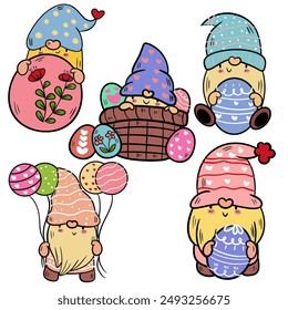 Gnome Family Set - Unique Easter Expressions and Poses - Happy Easter Clipart - Vector Illustration.