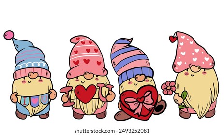 Gnome Family Set - Unique Valentine's Day Expressions and Poses - Happy Valentine's Day Clipart - Vector Illustration.