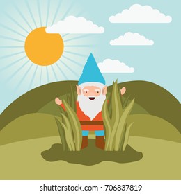 gnome fantastic character coming out of the bushes in mountain landscape background vector illustration