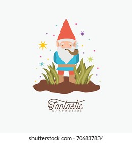 gnome fantastic character coming out of the bushes with smoking pipe with costume and colorful sparks and stars on white background vector illustration